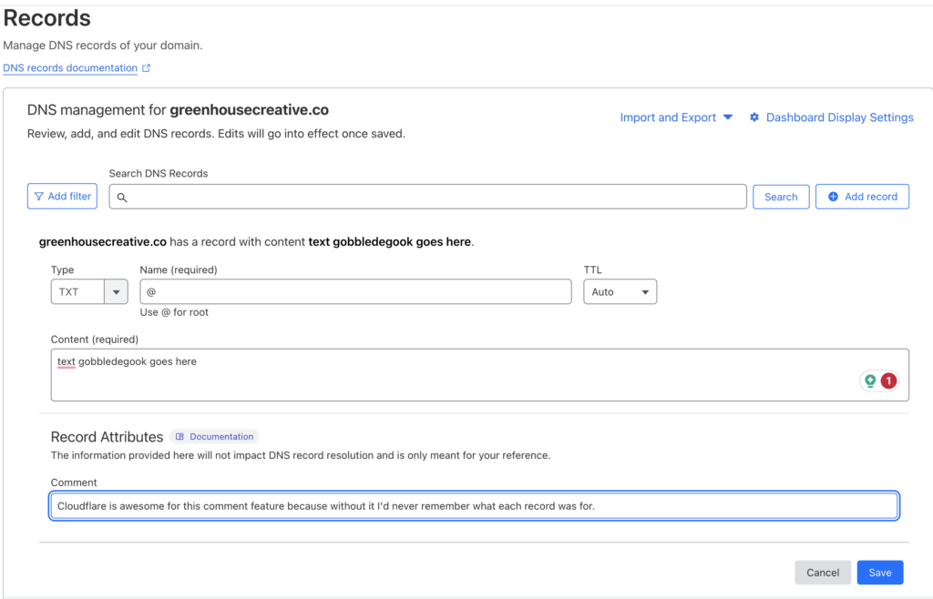 Screenshot of DNS management for greenhousecreative.co, showing a TXT record entry. Includes fields for type, name, content, TTL, and comment.