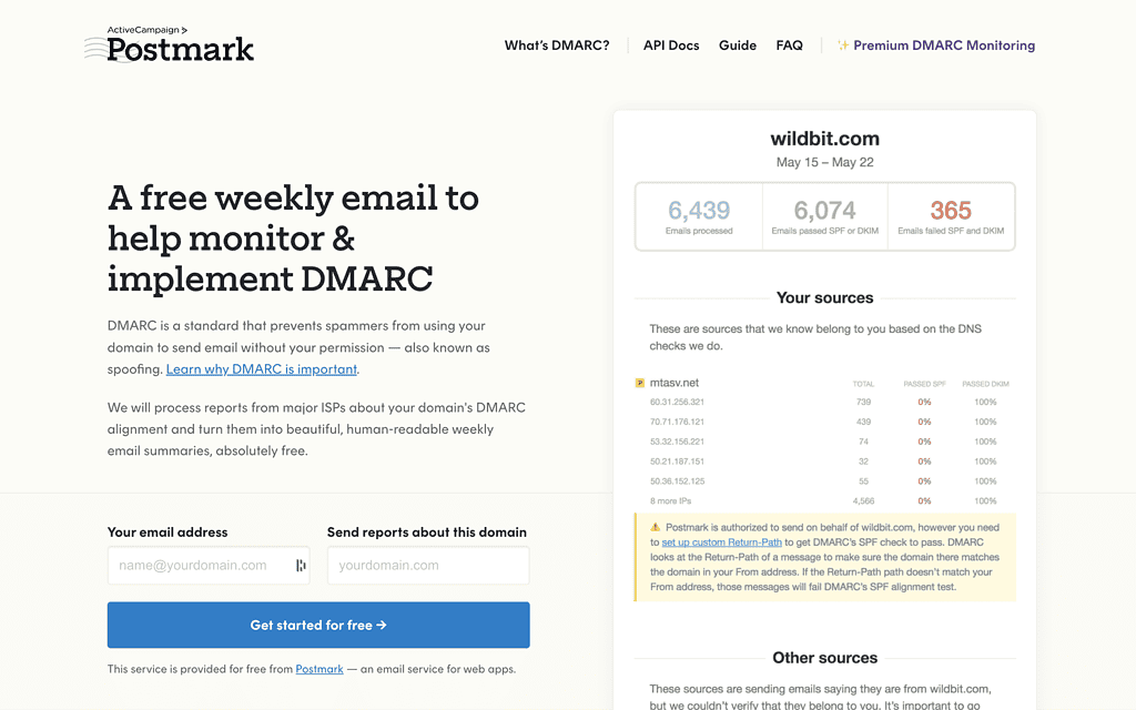 Webpage offering free weekly email reports to monitor DMARC. Displays statistics for a domain's email processes and sources. Features "Get started for free" option.
