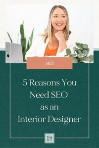 A smiling person sits at a desk, behind a laptop and plants. Text overlay promotes SEO benefits for interior designers.
