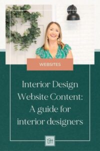 A smiling person in a green outfit stands beside a wreath and lamp, promoting an interior design website guide for interior designers.