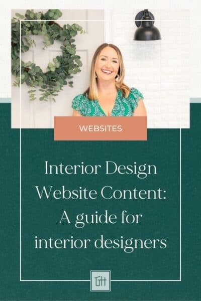 A smiling person in a green outfit stands beside a wreath and lamp, promoting an interior design website guide for interior designers.