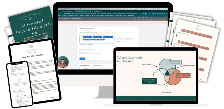 A variety of digital and printed marketing materials are displayed, including a computer monitor, laptop, and various documents. A person appears on-screen.