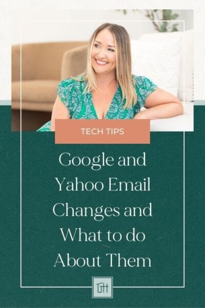 A smiling person sits indoors. Text below reads, "Tech Tips: Google and Yahoo Email Changes and What to do About Them."