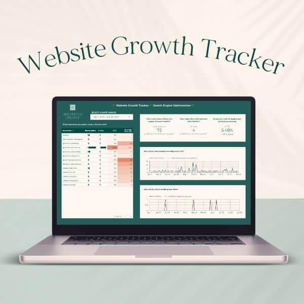 A laptop displaying a website growth tracker with charts and data analysis. Background features the text "Website Growth Tracker" in a light setting.