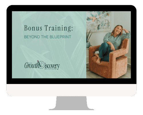 A computer screen displays "Bonus Training: Beyond the Blueprint" with a smiling person seated on a chair, next to a leafy background.