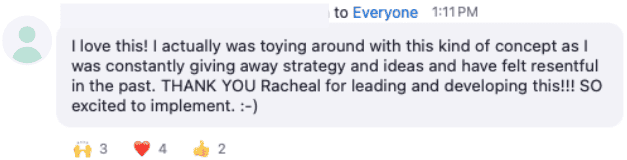 A message expressing excitement and gratitude, mentioning strategy and ideas development. Includes applause, heart, and thumbs-up emojis with reactions visible.