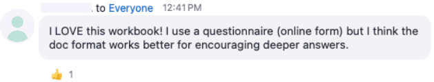 A screenshot of a chat message, expressing preference for a doc format to encourage deeper responses. One thumbs-up reaction.
