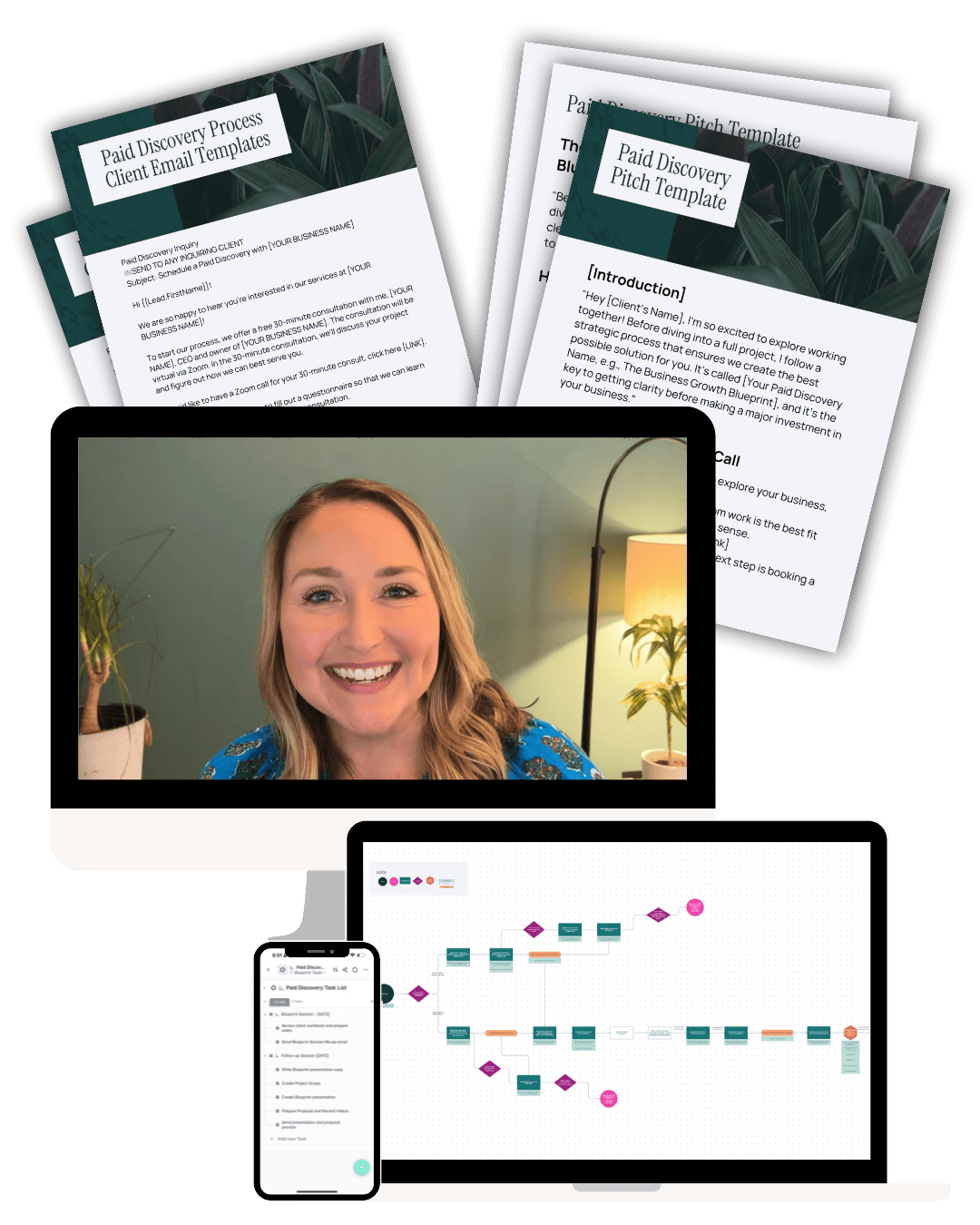 A person on a computer screen smiles, surrounded by templates and workflow diagrams on adjacent devices and printed documents.