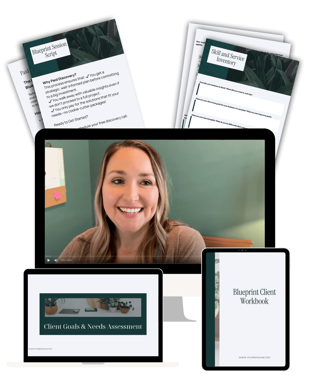 A smiling person on a video call, surrounded by digital documents titled "Blueprint Session Script," "Skill and Service Inventory," and client assessments.