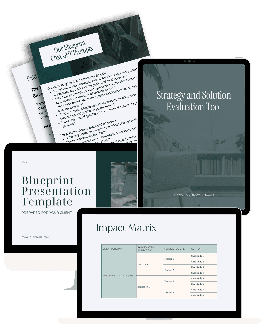 Digital tools and documents for client strategy and evaluation displayed on various devices, featuring a presentation template and an impact matrix.