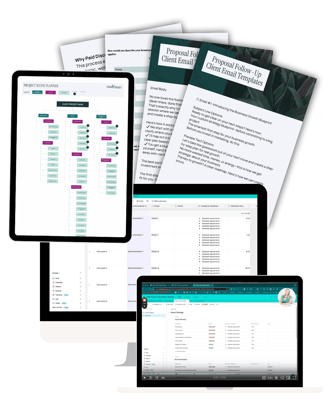 A collection of digital documents and templates displayed on two monitors and a tablet, featuring project planning and email proposal content.