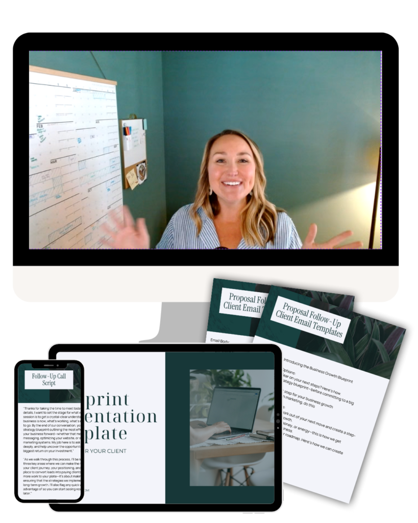 A person smiles in a video call on a computer screen with printed templates and digital documents displayed on devices.