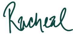 Stylized handwritten name "Racheal" in teal color on a transparent background, designed with elegant, flowing script letters.
